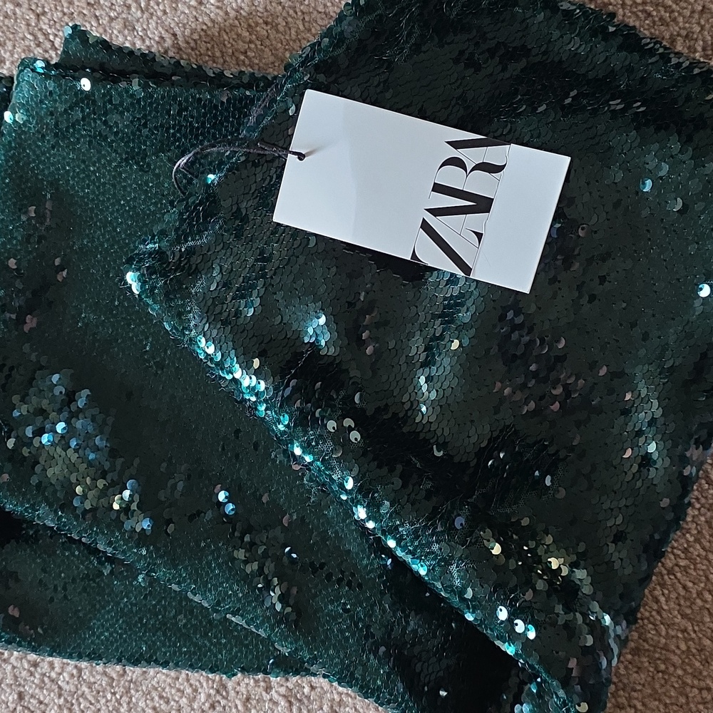 ZARA FLARED HIGH WAISTED GREEN SEQUIN PANTS SIZE M - Picture 16 of 16